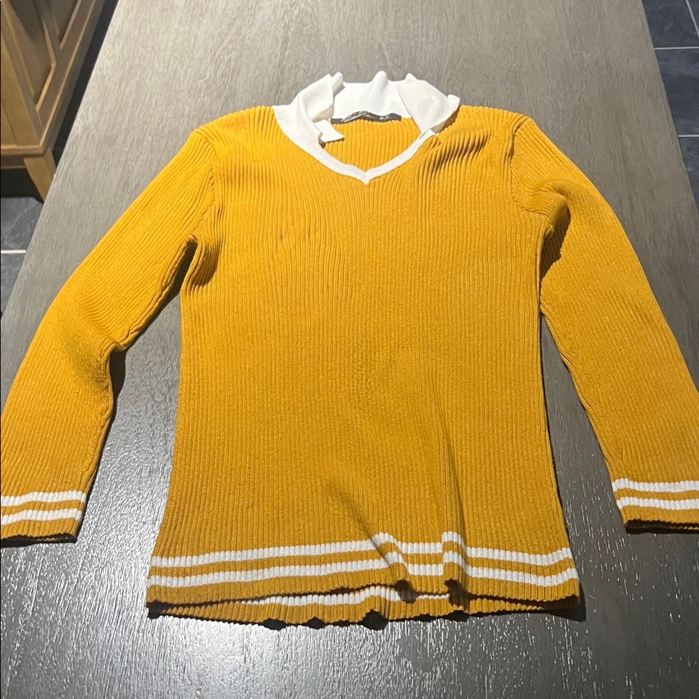 Elegant Mustard and White Women's Turtleneck Sweater